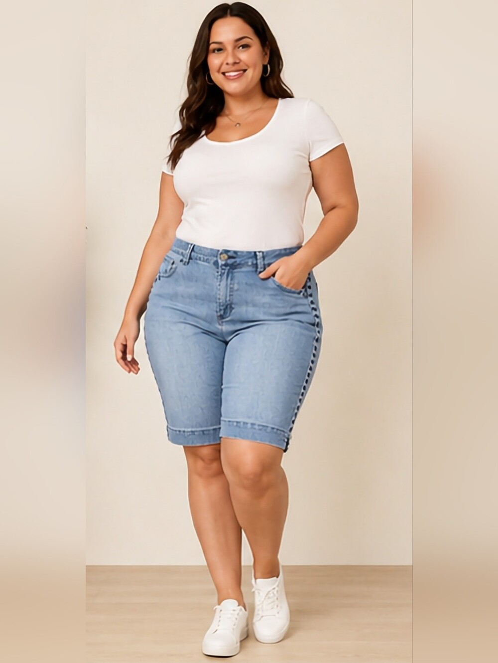 one 5 one Light Blue Denim 8" Bermuda Shorts with Side Trim 14 Womens